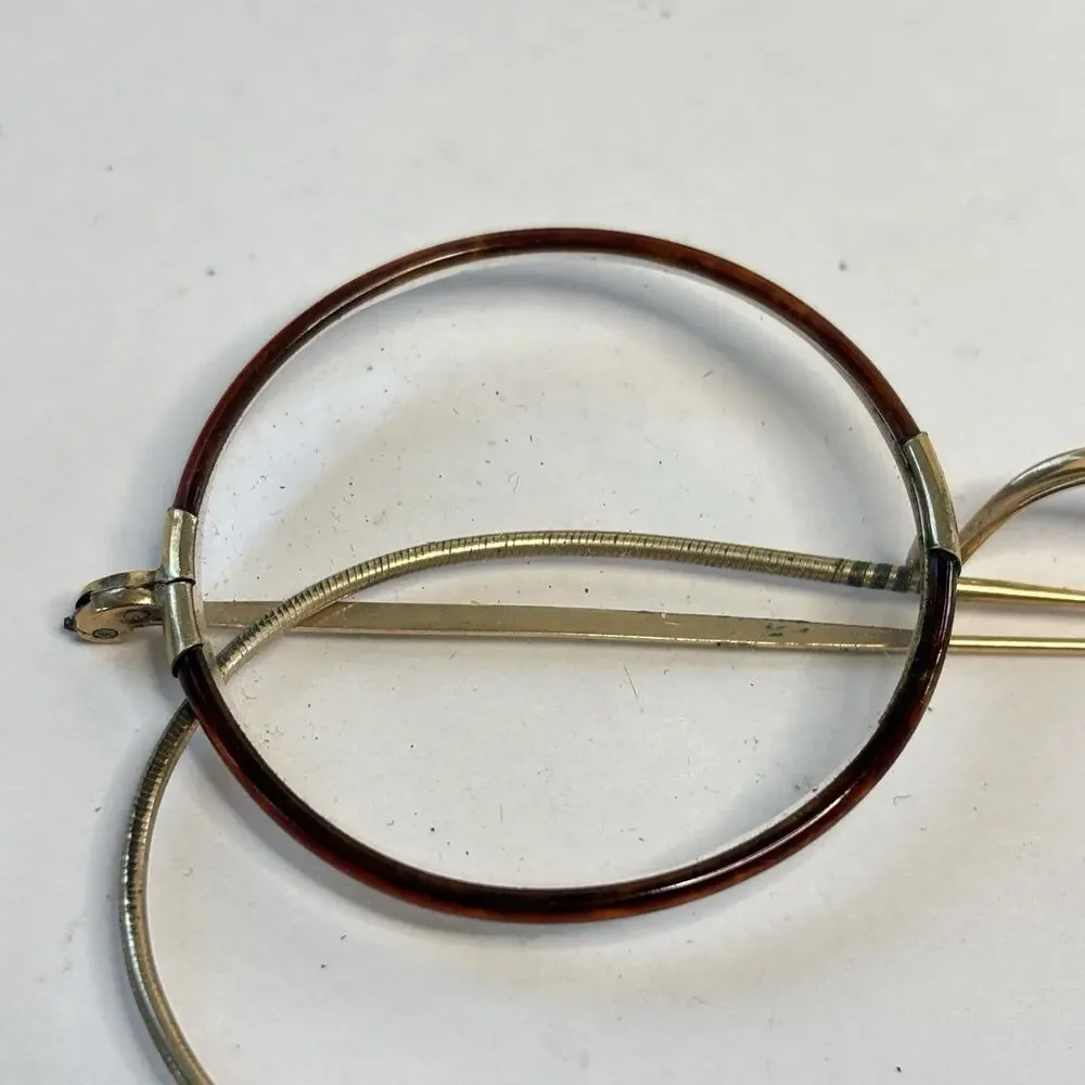 Antique 1/10 12K GF Horn Rim Eyeglasses Round Cable Temple Frames Case AS IS